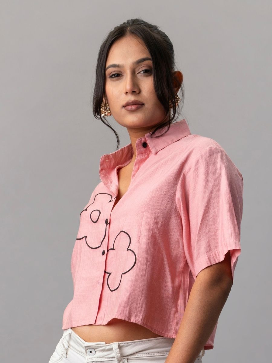 Pink Cropped Shirt with Black Floral Outline Embroidery