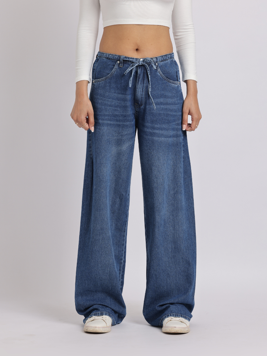 Blue Drawstring Waist Wide-Leg Denim Jeans