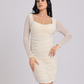 Ivory Ruched Mesh-Sleeve Bodycon Mini Dress