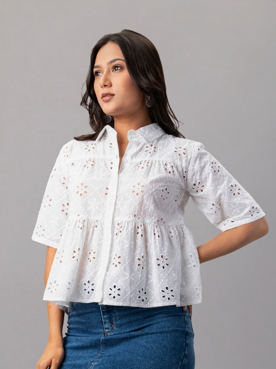 White Eyelet Embroidered Peplum Shirt