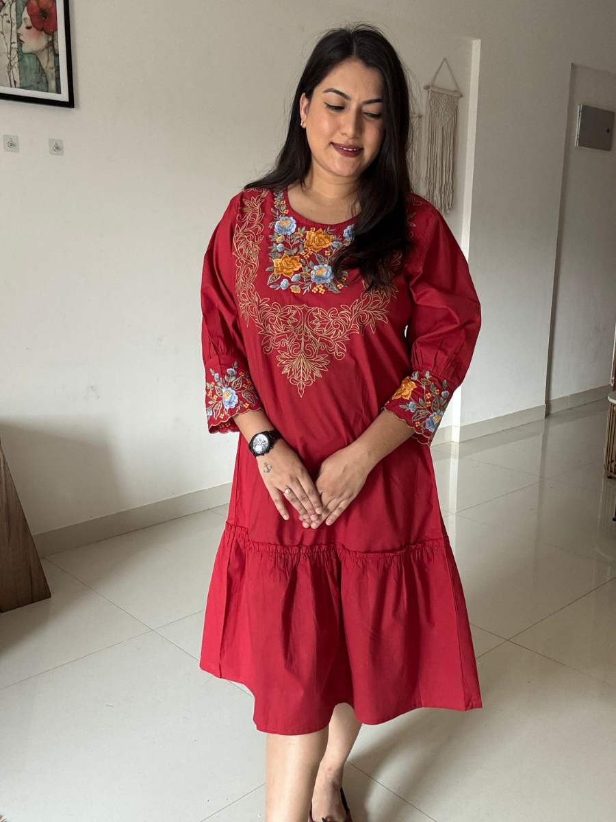 Red Embroidered Cotton Dress