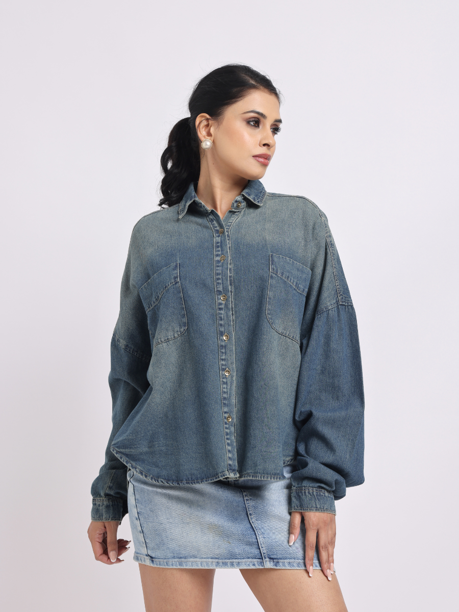 Oversized Dark Mid Blue Denim Shirt with Dropped Shoulder