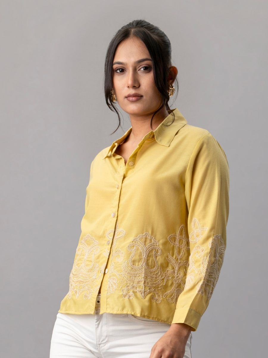 Mustard Yellow Shirt with Intricate Beige Embroidery