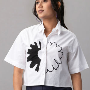 White Cropped Shirt with Black & White Flower Appliqué