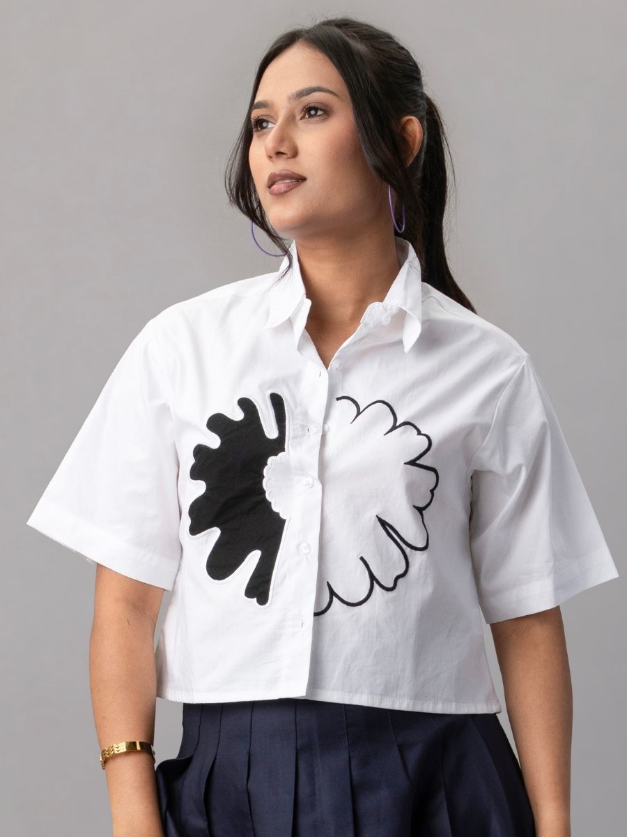 White Cropped Shirt with Black & White Flower Appliqué