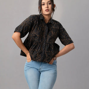 Black Cotton Peplum Shirt with Contrast Floral Embroidery