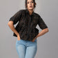 Black Cotton Peplum Shirt with Contrast Floral Embroidery