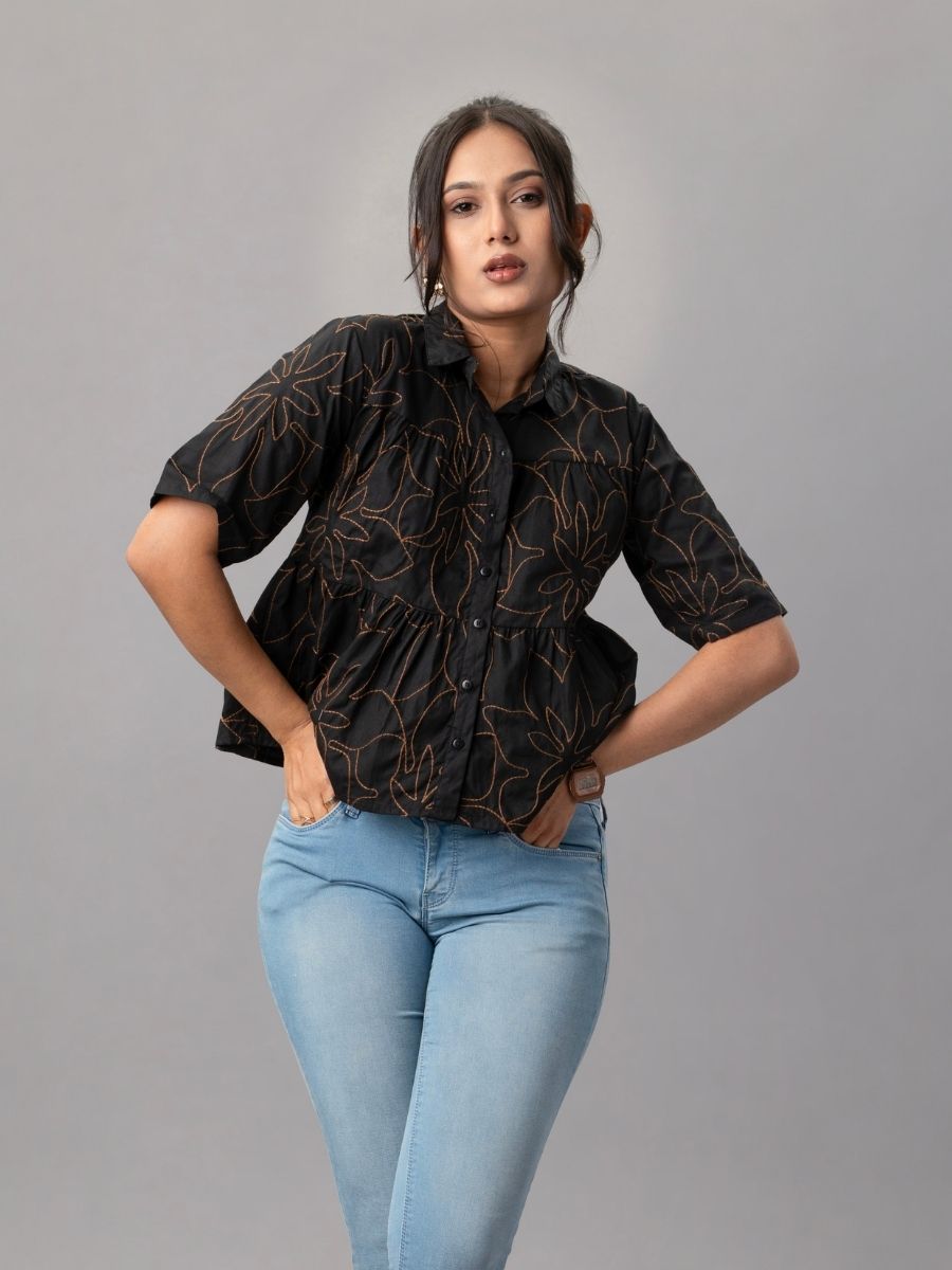 Black Cotton Peplum Shirt with Contrast Floral Embroidery