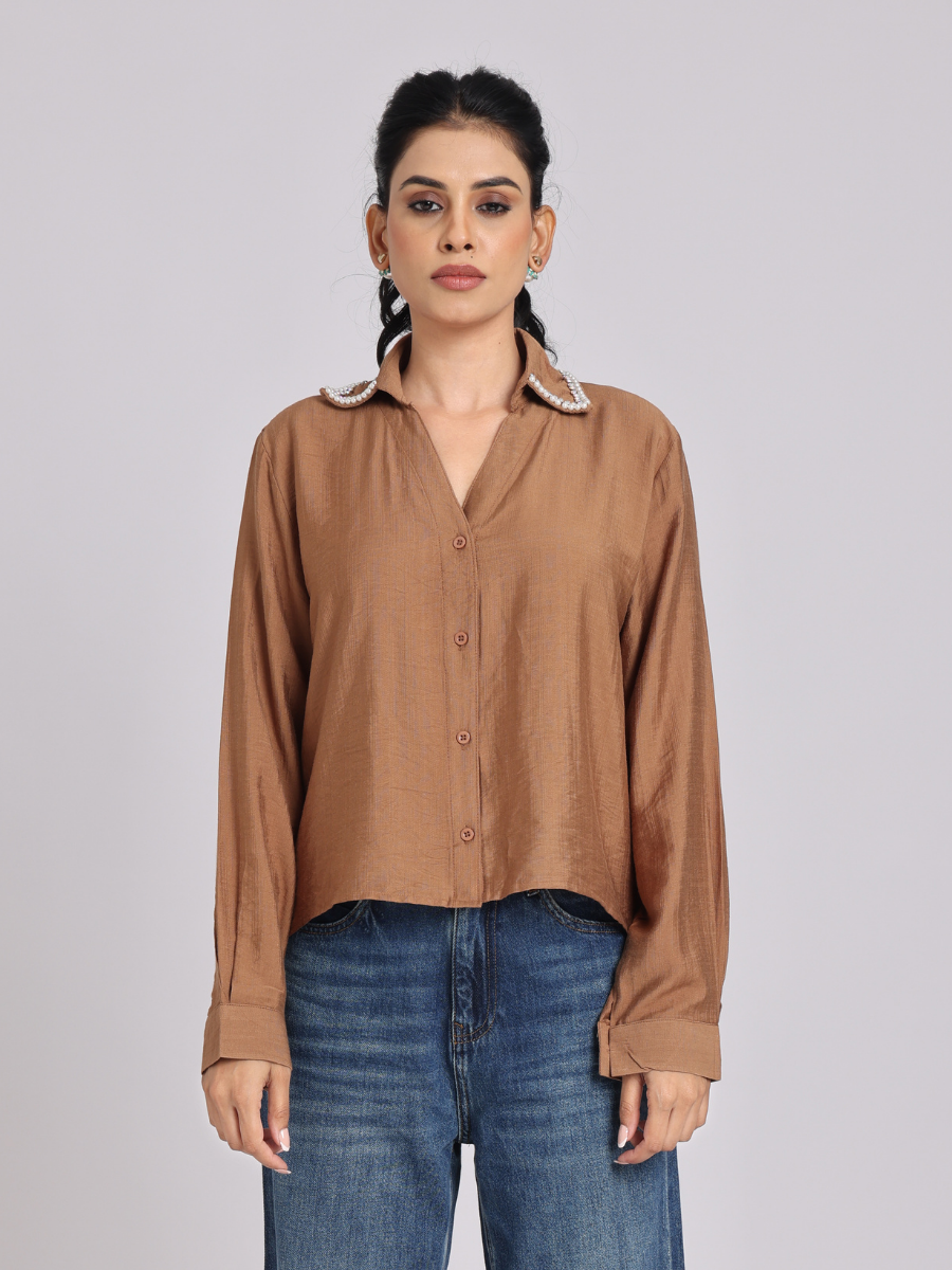 Elegant Rust Brown Pearl - Trim Shirt