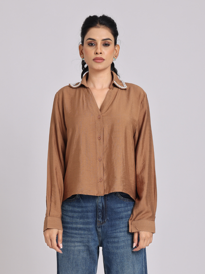 Elegant Rust Brown Pearl - Trim Shirt