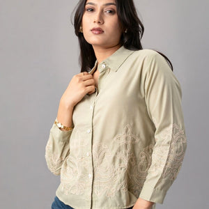 Olive Green Embroidered Button-Down Shirt