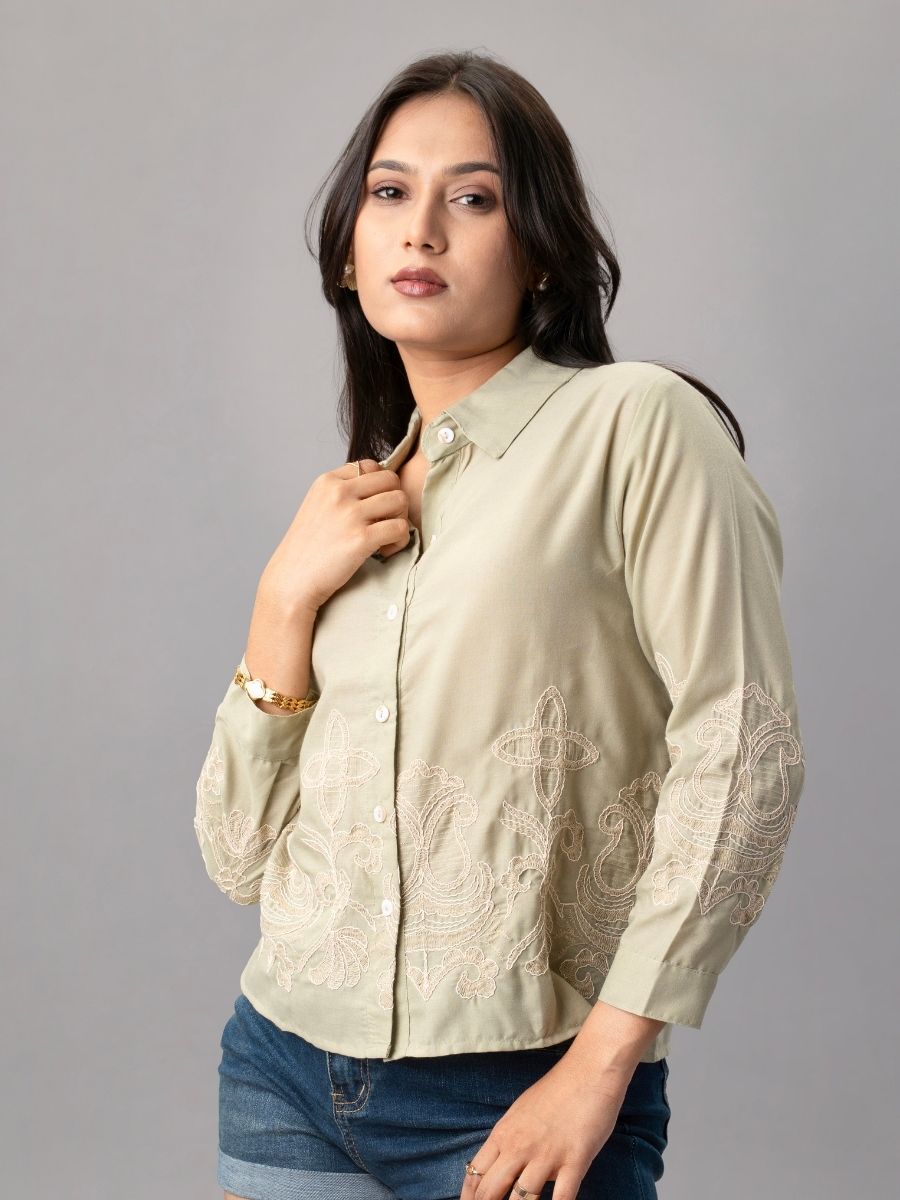 Olive Green Embroidered Button-Down Shirt