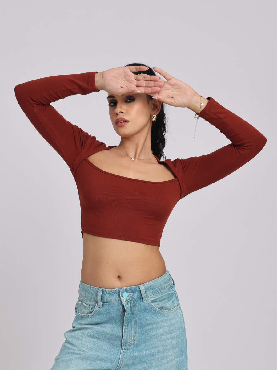 Chic & Sexy Square Neck Fitted Crop Top - Brown