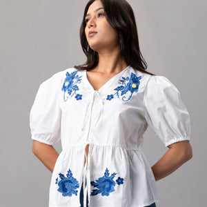 White Puff Sleeve Top with Blue Floral Embroidery