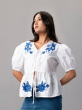 White Puff Sleeve Top with Blue Floral Embroidery