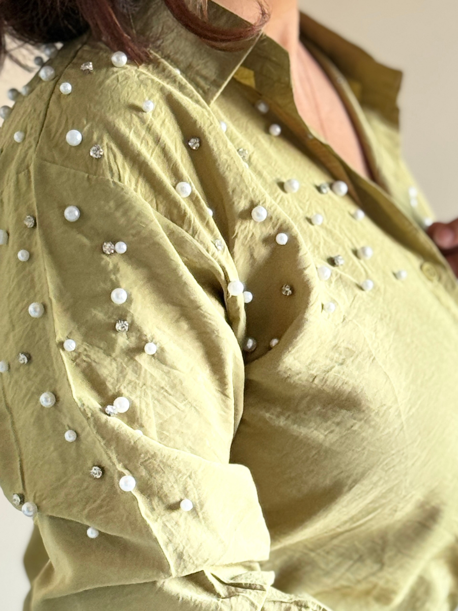 Olive Green Fit Pearl & Diamond-Embellished Shirt