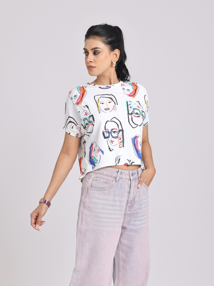 Face Print Relaxed Fit White T-Shirt