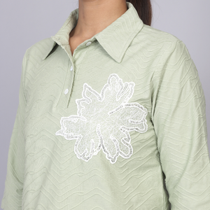 Olive Mist Textured Floral Polo Top