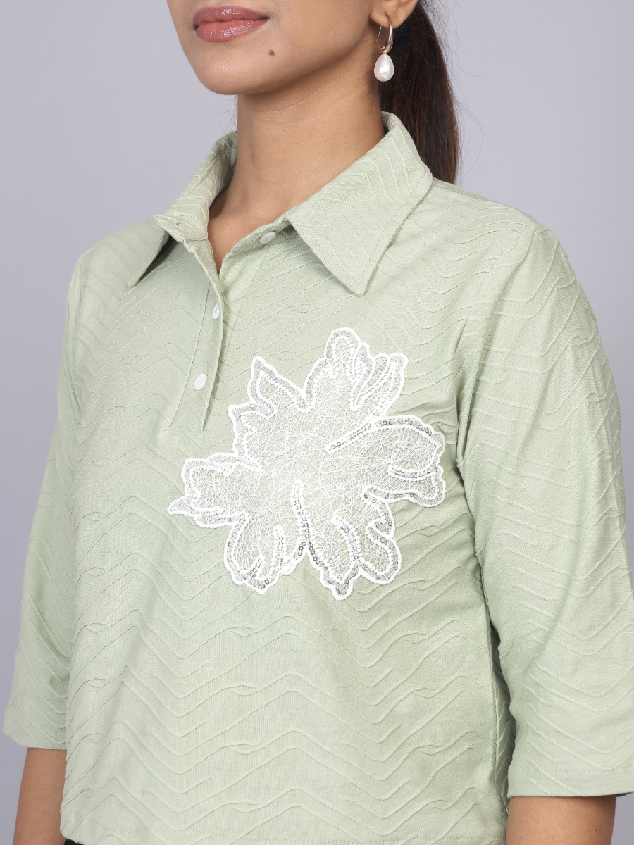 Olive Mist Textured Floral Polo Top