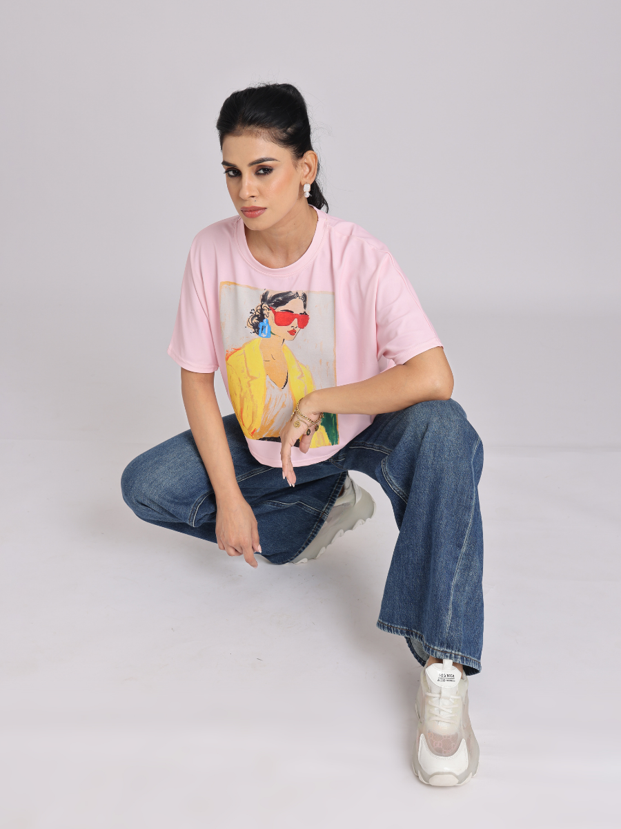 Chic Graphic Print Relaxed Fit T-Shirt - Pink