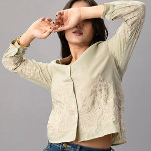 Olive Green Embroidered Button-Down Shirt