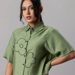 Sage Green Cropped Shirt with Floral Embroidery