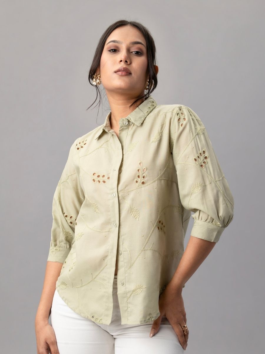 Sage Green Embroidered Cotton Shirt