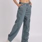 Wide-Leg Cargo Denim Jeans with Adjustable Waist