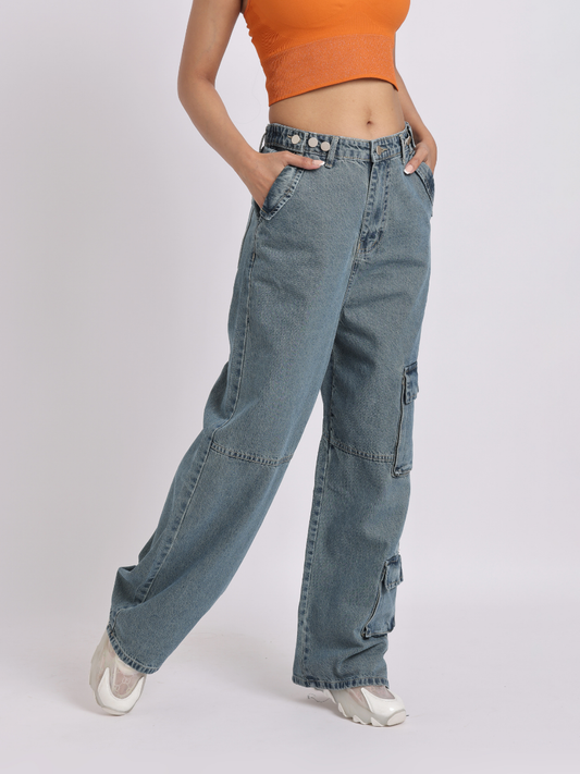Wide-Leg Cargo Denim Jeans with Adjustable Waist