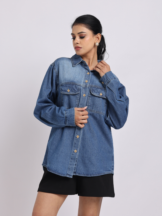 Relaxed Fit Denim Shirt – Mid Blue Wash
