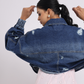 Dark Blue Distressed Denim Jacket with Zip Closure