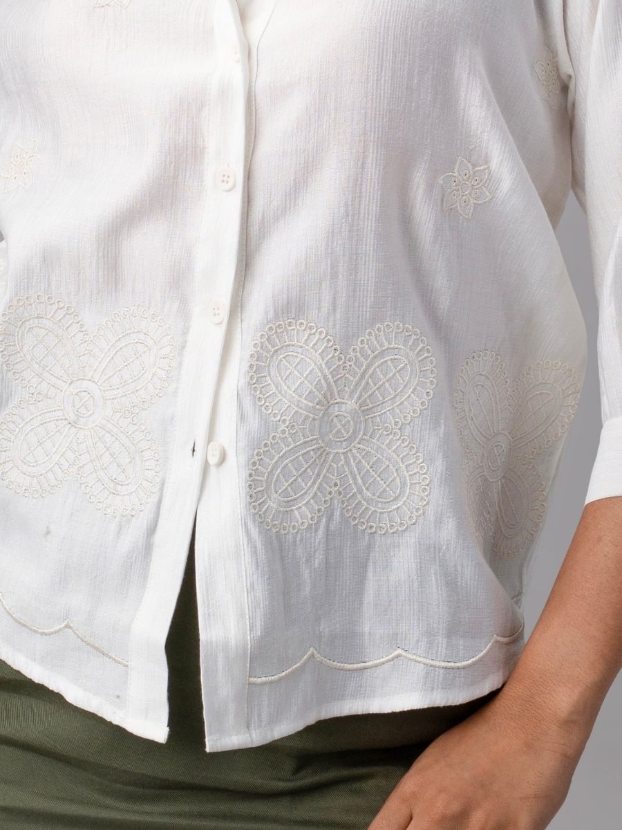 Classic White Embroidered Scallop Hem Shirt