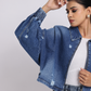 Blue Distressed Denim Jacket with Zip Closure