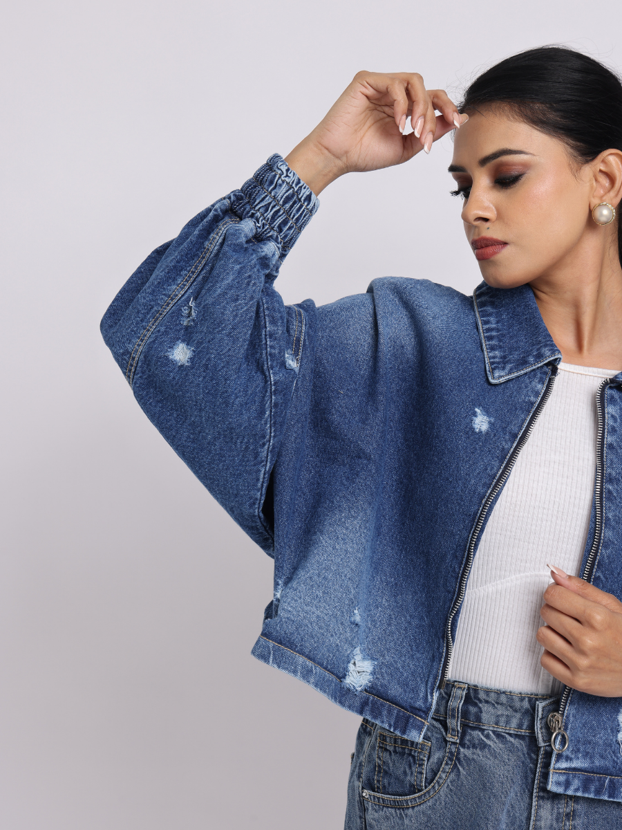 Blue Distressed Denim Jacket with Zip Closure