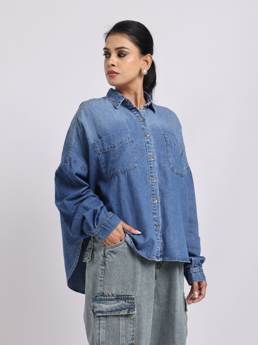 Oversized Blue Denim Shirt with Dropped Shoulder