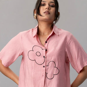 Pink Cropped Shirt with Black Floral Outline Embroidery