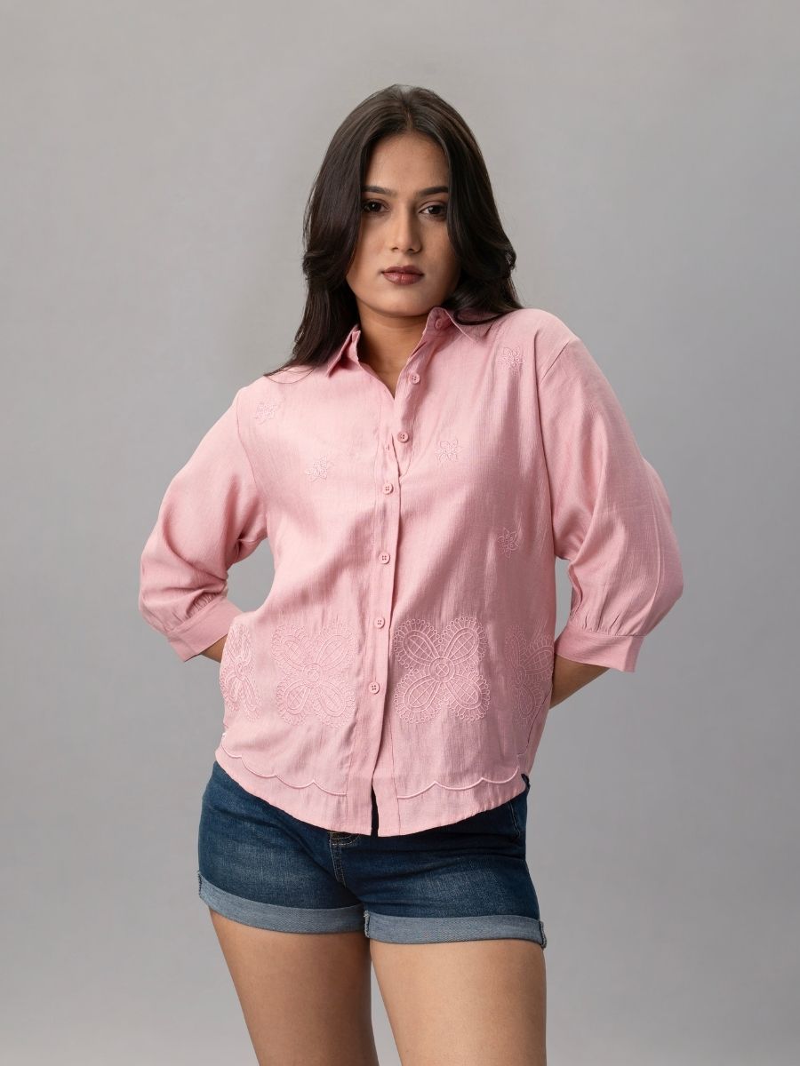 Blush Pink Scallop Hem Embroidered Shirt