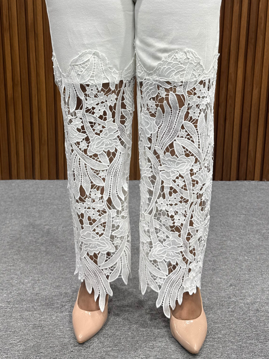 Floral Lace Applique Wide-Leg Jeans