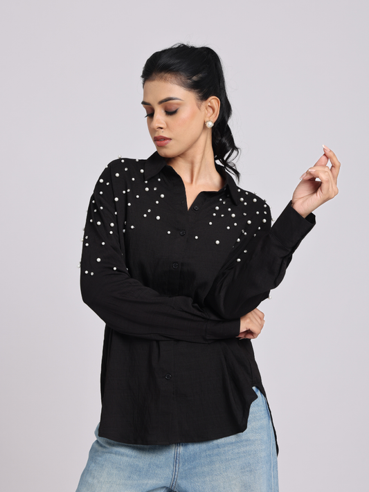 Black Oversized Pearl & Diamond Embellished Shirt