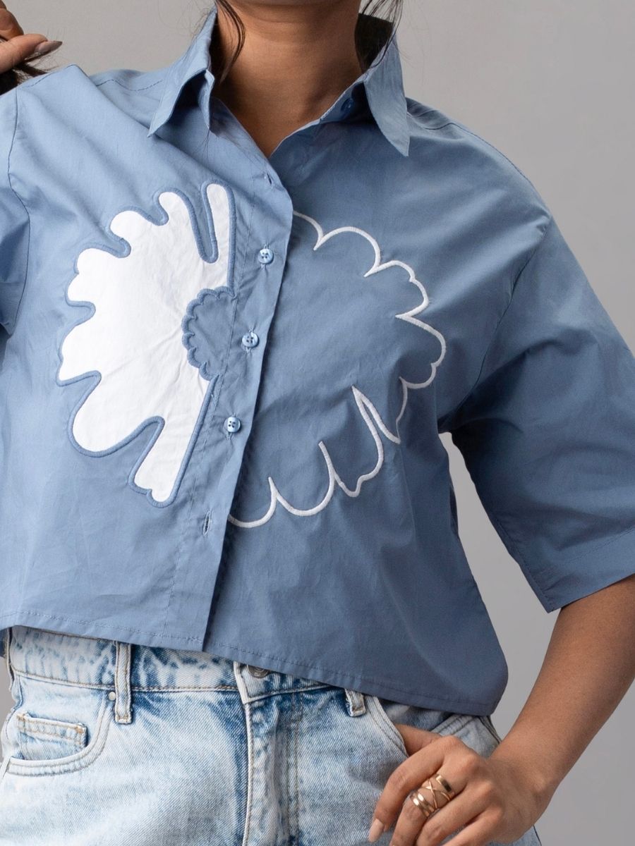 Blue Cropped Shirt with Oversized White Appliqué Flower