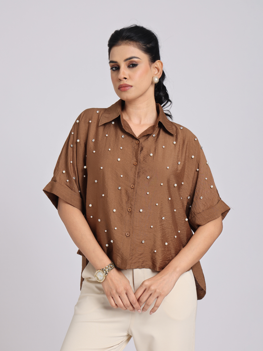 Cocoa Brown Pearl-Diamond Oversized Shirt