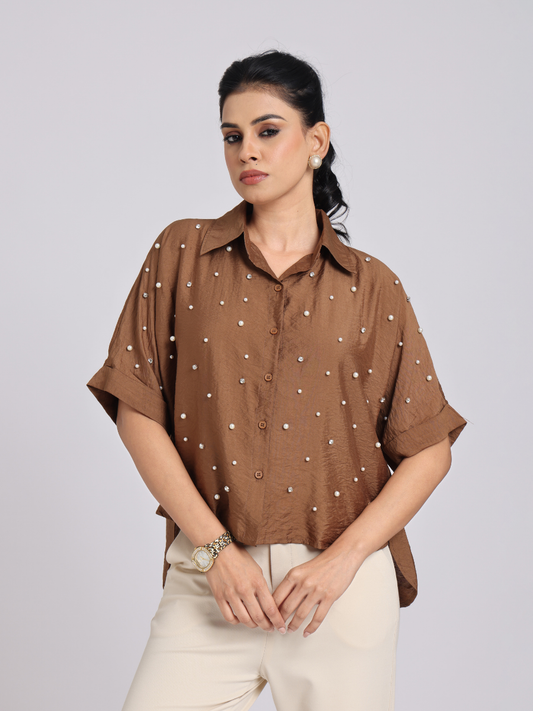 Cocoa Brown Pearl-Diamond Oversized Shirt