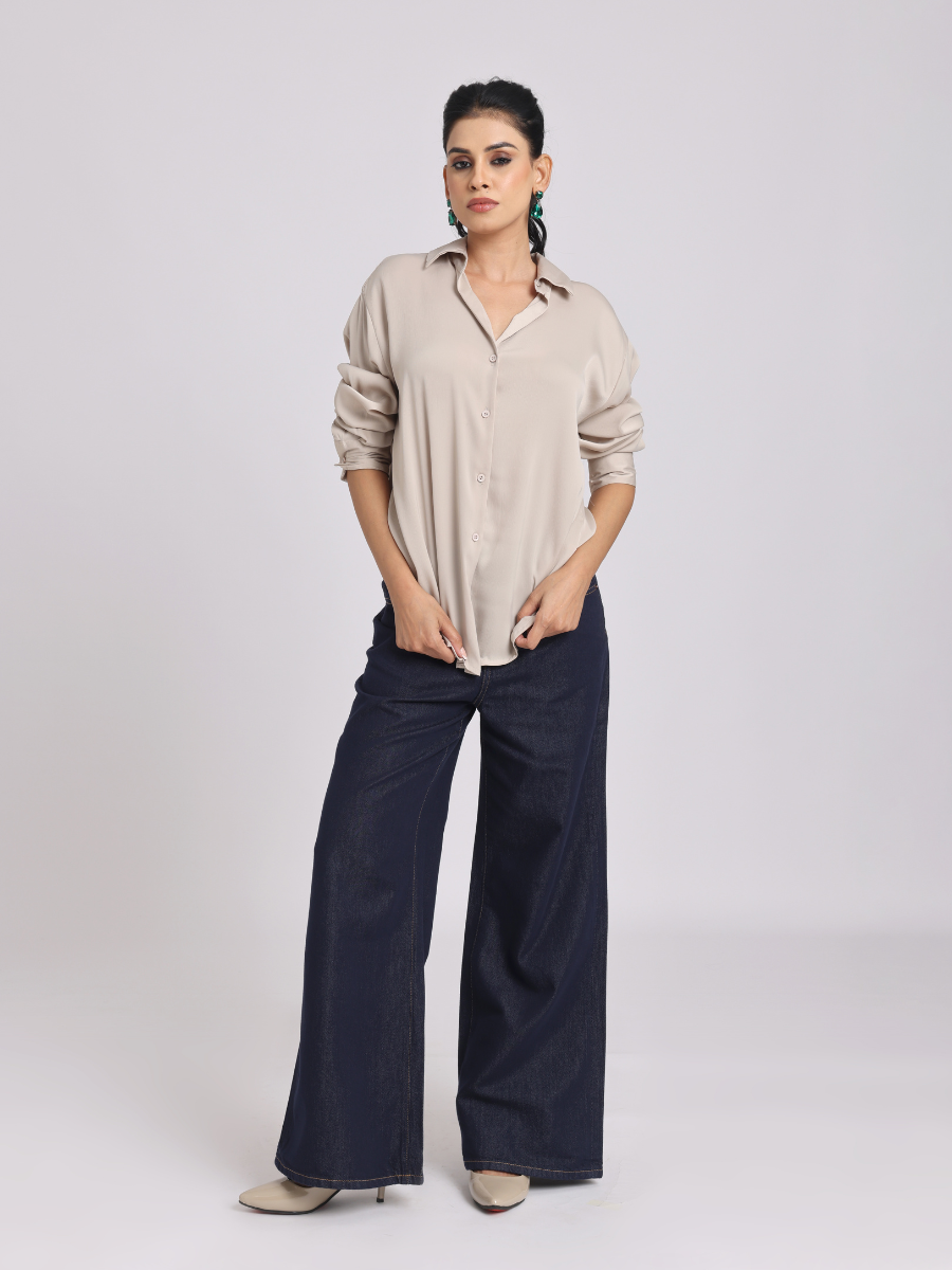 Beige Premium Flowy Satin Oversized Shirt