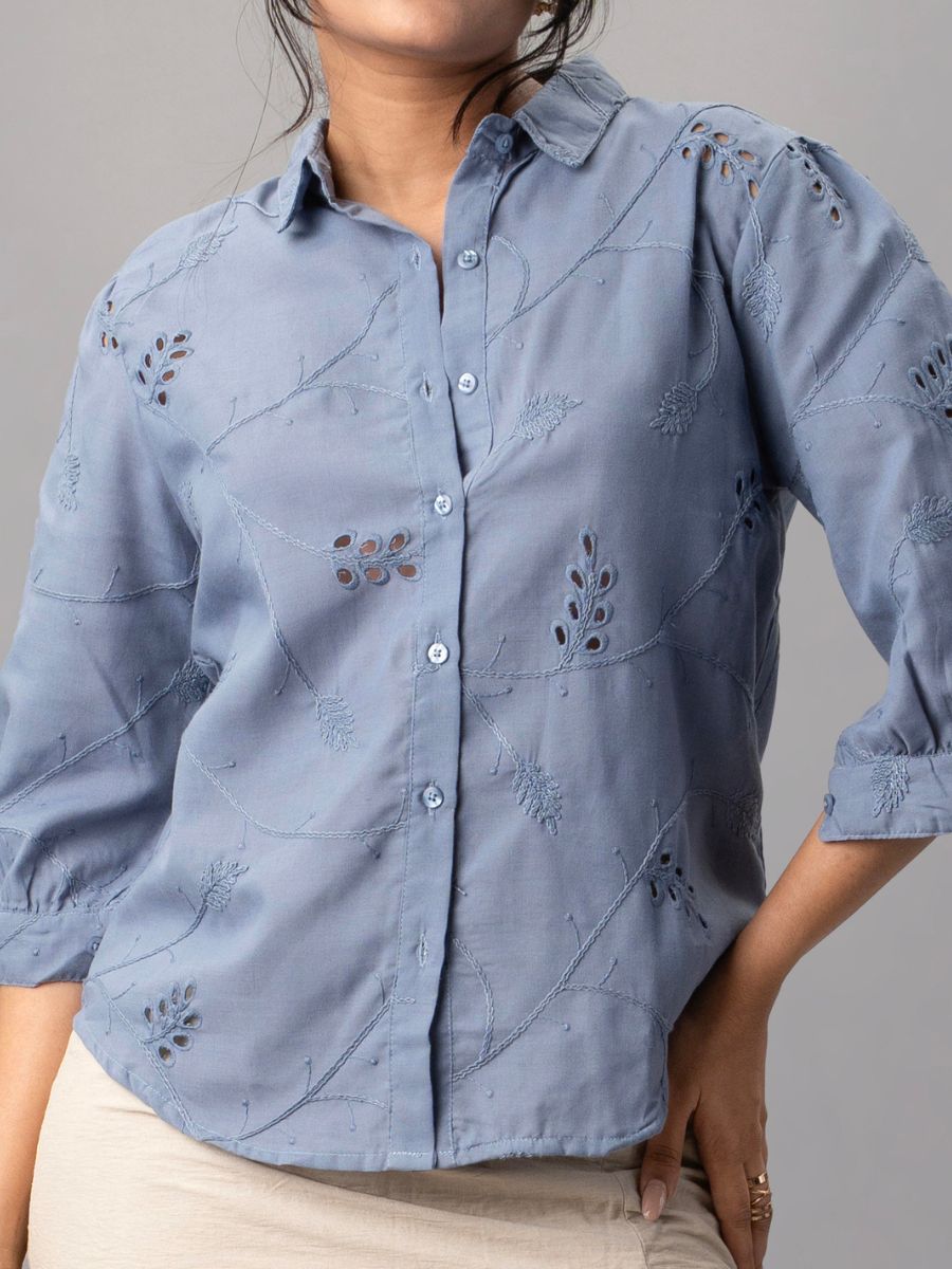 Blue Cotton Shirt with Cutwork Embroidery