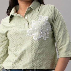Olive Mist Textured Floral Polo Top