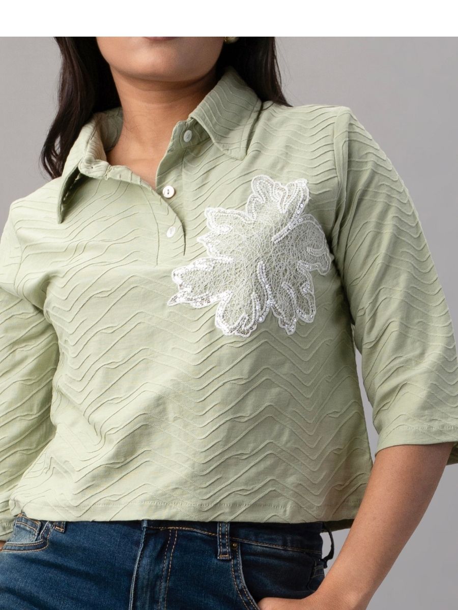 Olive Mist Textured Floral Polo Top