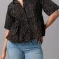 Black Cotton Peplum Shirt with Contrast Floral Embroidery