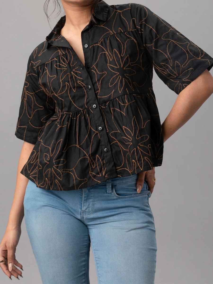 Black Cotton Peplum Shirt with Contrast Floral Embroidery