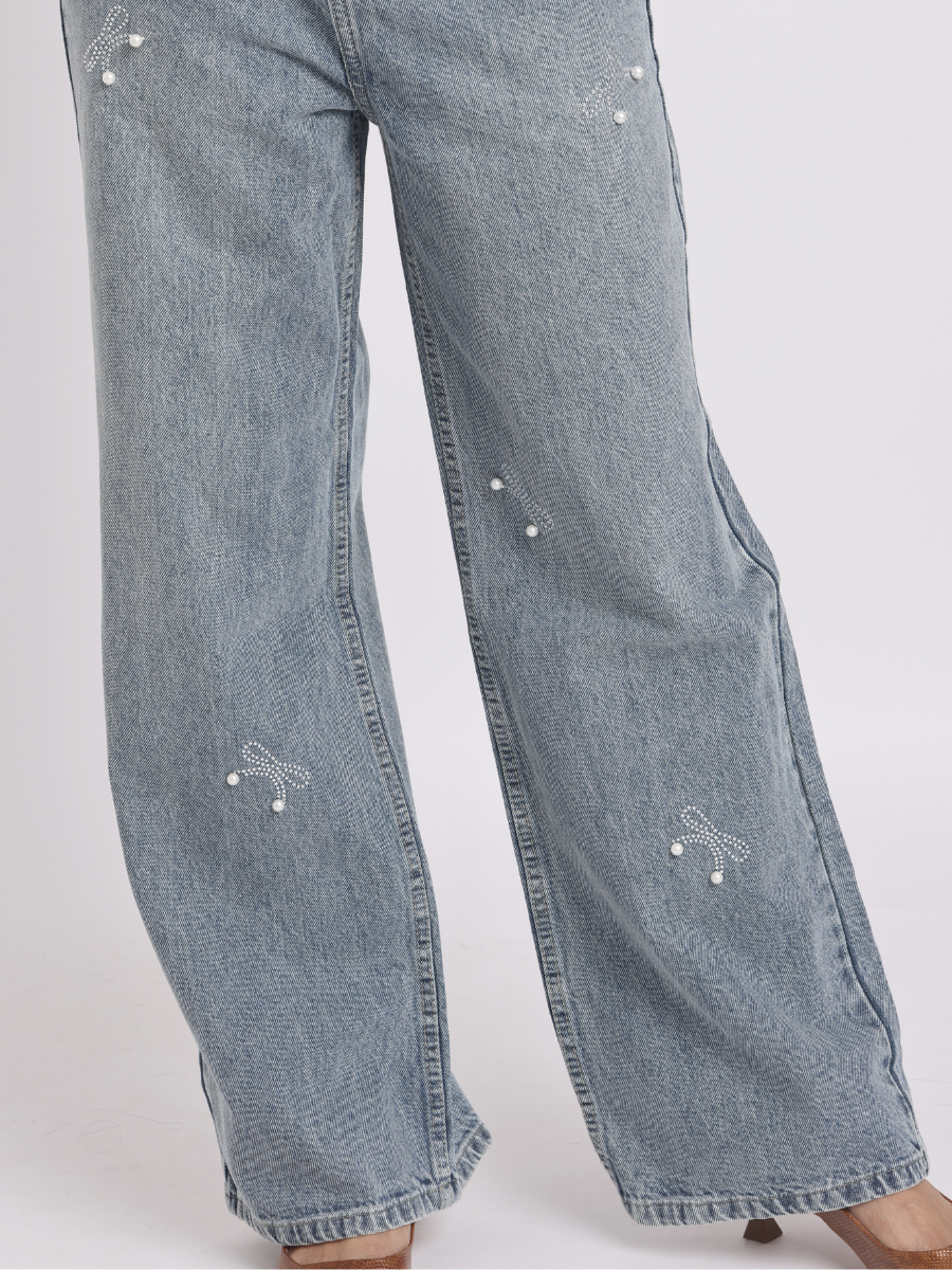 Vintage Blue Pearl Bow Straight-Fit Denim Jeans