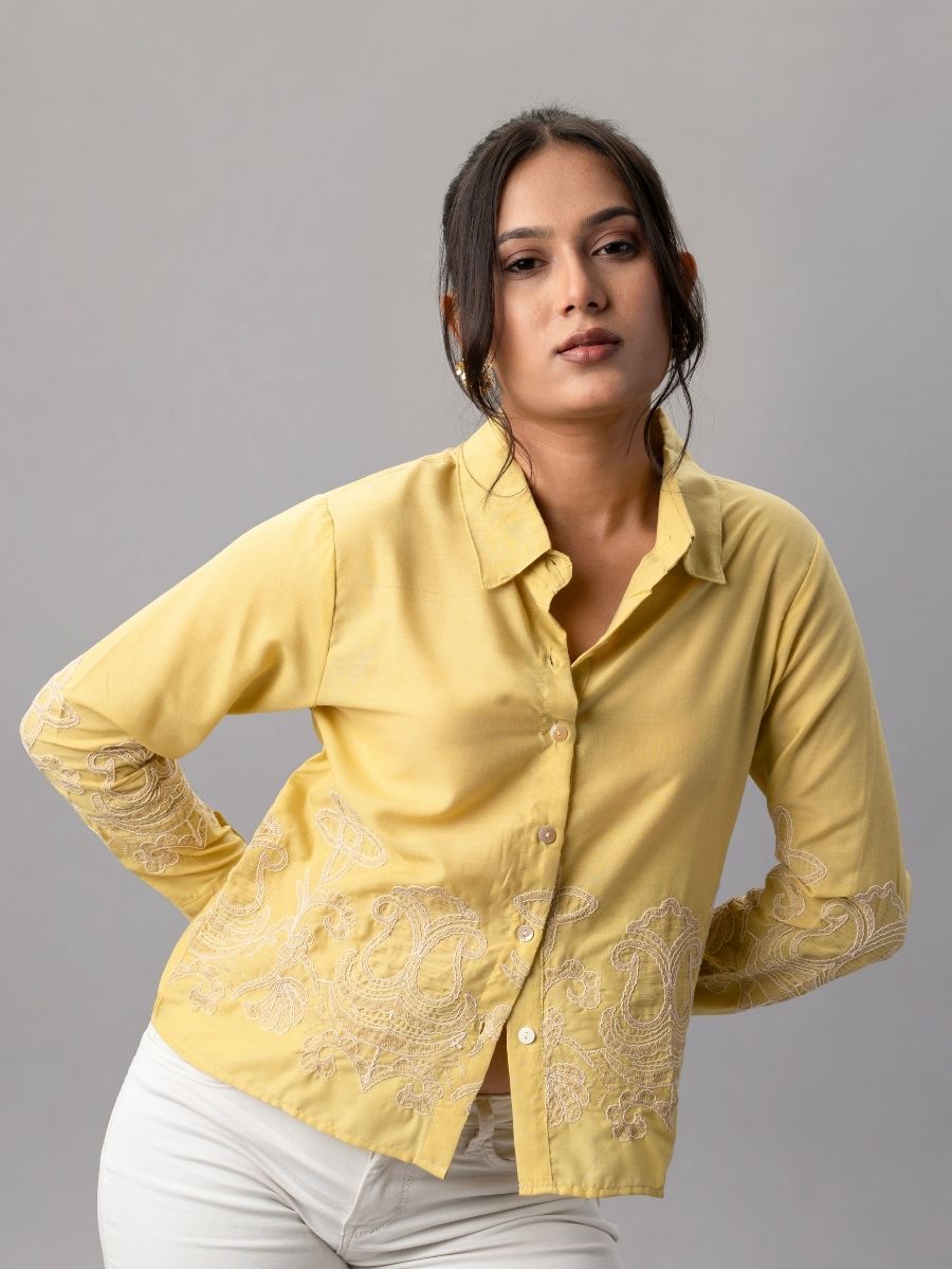 Mustard Yellow Shirt with Intricate Beige Embroidery